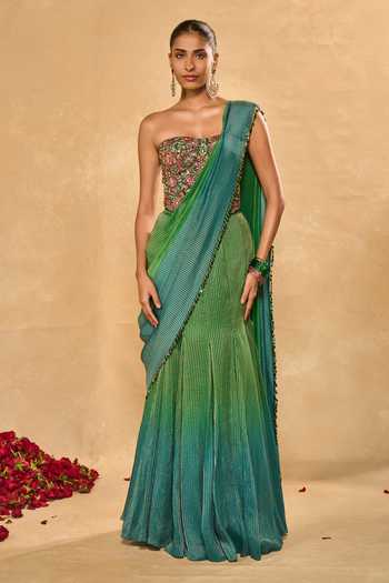 Shop_Chamee & Palak_Blue Silk, Tissue Sequins, Beads, Zari Asma Ombre Pre-draped Saree With Corset _Online_at_Aza_Fashions