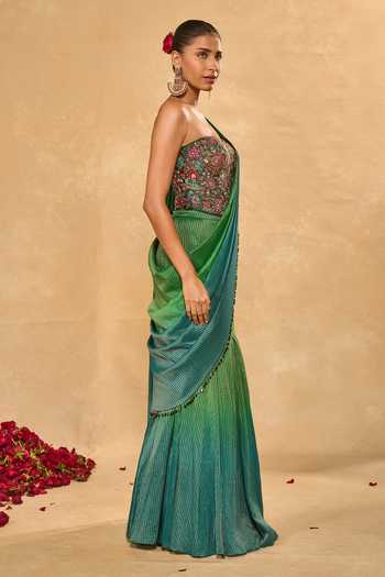 Chamee & Palak_Blue Silk, Tissue Sequins, Beads, Zari Asma Ombre Pre-draped Saree With Corset _at_Aza_Fashions