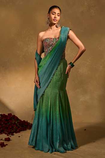 Buy_Chamee & Palak_Blue Silk, Tissue Sequins, Beads, Zari Asma Ombre Pre-draped Saree With Corset 