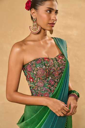 Shop_Chamee & Palak_Blue Silk, Tissue Sequins, Beads, Zari Asma Ombre Pre-draped Saree With Corset 