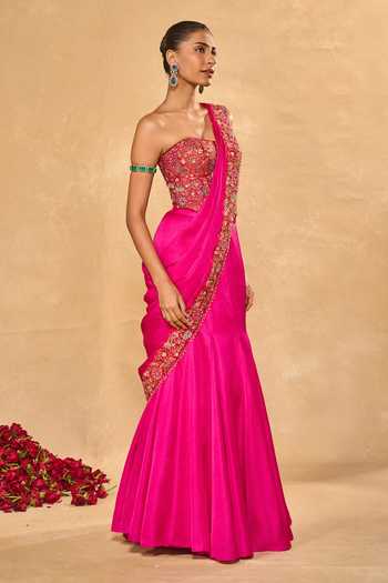 Chamee & Palak_Pink Silk Embroidery, Applique, Sequins, Arya Pre-draped Saree With Corset _Online_at_Aza_Fashions