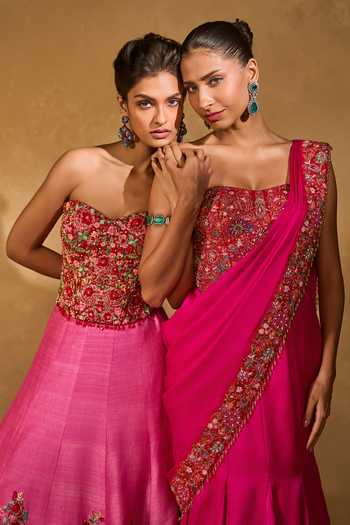 Shop_Chamee & Palak_Pink Silk Embroidery, Applique, Sequins, Arya Pre-draped Saree With Corset 