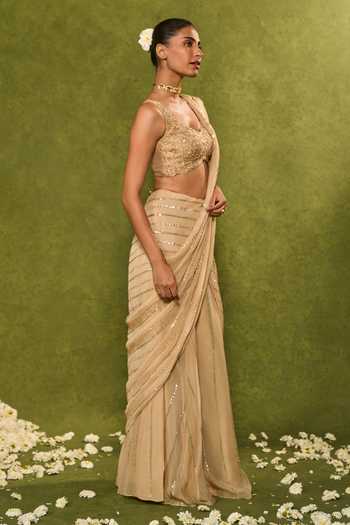 Chamee & Palak_Beige Silk, Organza Sequins, Aaliyah Pre-draped Saree With Embellished Blouse _Online_at_Aza_Fashions
