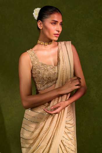 Buy_Chamee & Palak_Beige Silk, Organza Sequins, Aaliyah Pre-draped Saree With Embellished Blouse 