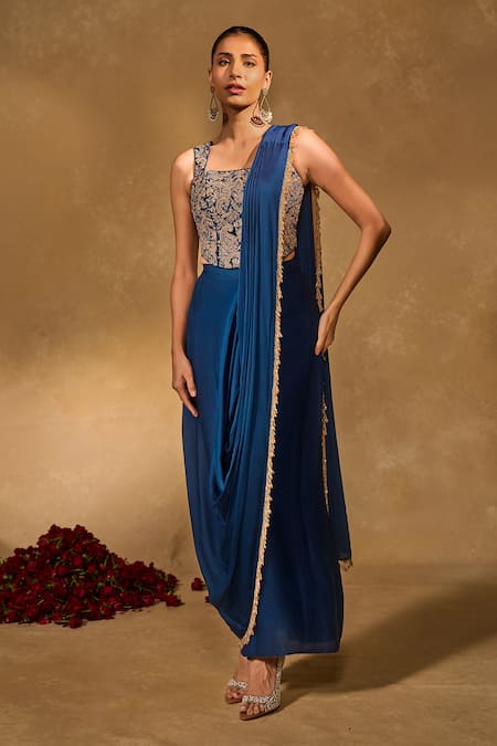 Chamee & Palak Lekha Slit Dhoti Saree With Velvet Corset 