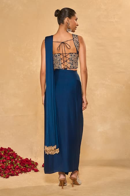 Chamee & Palak Lekha Slit Dhoti Saree With Velvet Corset 