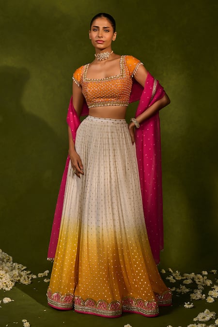 Chamee & Palak_Yellow Silk, Organza, Georgette Embroidery, Devika Ombre Ruched Lehenga Set _Online_at_Aza_Fashions