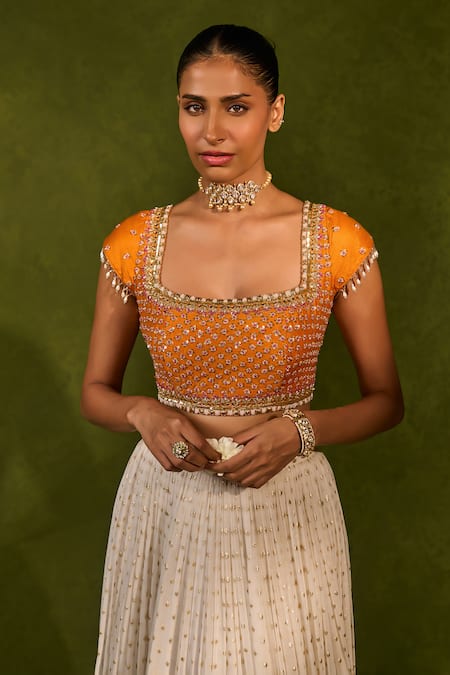 Buy_Chamee & Palak_Yellow Silk, Organza, Georgette Embroidery, Devika Ombre Ruched Lehenga Set _Online_at_Aza_Fashions