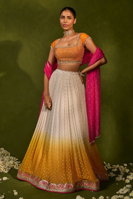 Shop_Chamee & Palak_Yellow Silk, Organza, Georgette Embroidery, Devika Ombre Ruched Lehenga Set _Online_at_Aza_Fashions