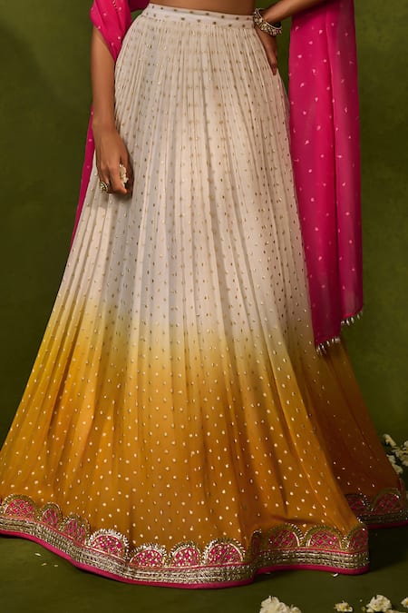 Chamee & Palak_Yellow Silk, Organza, Georgette Embroidery, Devika Ombre Ruched Lehenga Set _at_Aza_Fashions