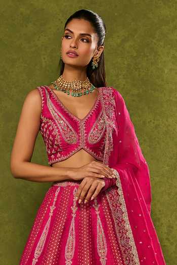 Chamee & Palak_Pink Silk, Organza, Tissue Embroidery, Sequins, Ambi Jamewar Lehenga Set _Online_at_Aza_Fashions