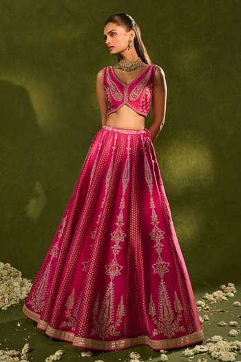 Buy_Chamee & Palak_Pink Silk, Organza, Tissue Embroidery, Sequins, Ambi Jamewar Lehenga Set _Online_at_Aza_Fashions