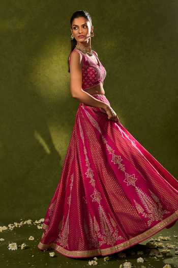 Shop_Chamee & Palak_Pink Silk, Organza, Tissue Embroidery, Sequins, Ambi Jamewar Lehenga Set _Online_at_Aza_Fashions