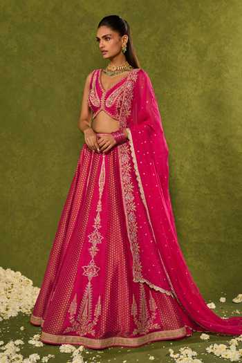 Chamee & Palak_Pink Silk, Organza, Tissue Embroidery, Sequins, Ambi Jamewar Lehenga Set _at_Aza_Fashions