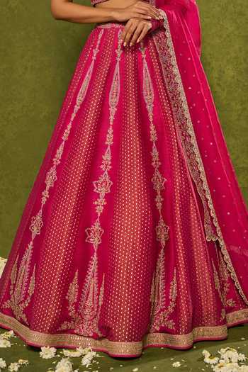 Buy_Chamee & Palak_Pink Silk, Organza, Tissue Embroidery, Sequins, Ambi Jamewar Lehenga Set 