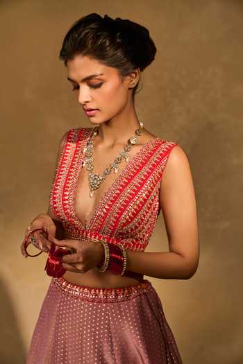 Chamee & Palak_Pink Silk, Organza, Tissue, Dupion Mina Daman Embroidered Jamewar Lehenga Set _Online_at_Aza_Fashions