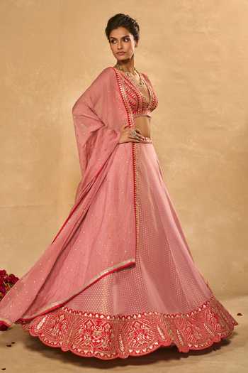 Buy_Chamee & Palak_Pink Silk, Organza, Tissue, Dupion Mina Daman Embroidered Jamewar Lehenga Set _Online_at_Aza_Fashions