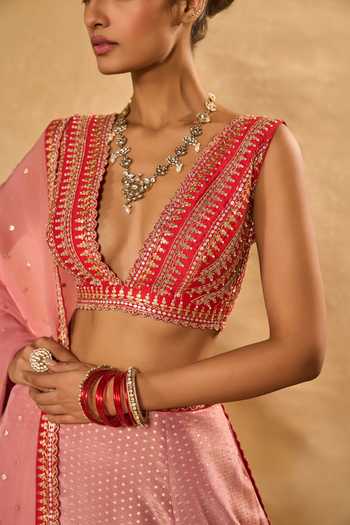 Shop_Chamee & Palak_Pink Silk, Organza, Tissue, Dupion Mina Daman Embroidered Jamewar Lehenga Set 