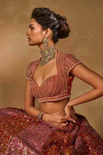 Buy_Chamee & Palak_Pink Silk, Net Beads, Pearls, Zari, Stones Saba Pita Embroidered Lehenga Set _Online_at_Aza_Fashions