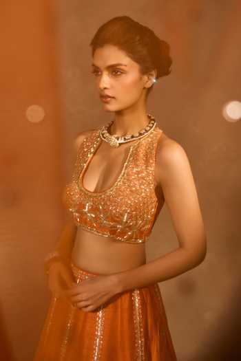 Chamee & Palak_Blue Silk, Velvet, Net Embroidery, Beads, Applique Maple Palm Raw Lehenga Set _Online_at_Aza_Fashions