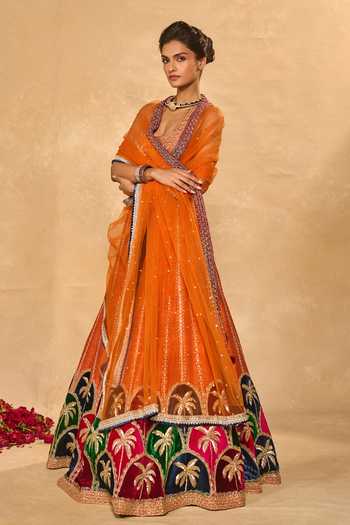 Shop_Chamee & Palak_Blue Silk, Velvet, Net Embroidery, Beads, Applique Maple Palm Raw Lehenga Set _Online_at_Aza_Fashions