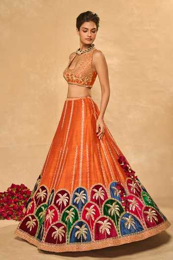 Chamee & Palak_Blue Silk, Velvet, Net Embroidery, Beads, Applique Maple Palm Raw Lehenga Set _at_Aza_Fashions