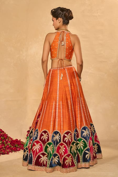 Chamee & Palak Maple Velvet Palm Applique Raw Silk Lehenga Set 