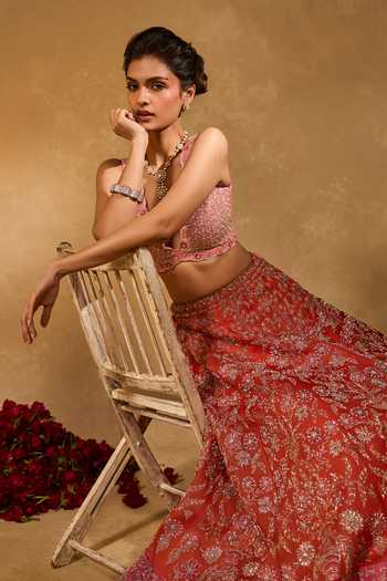 Shop_Chamee & Palak_Pink Silk, Organza, Net Beads, Pearls, Zari, Mahira Embellished Lehenga Set _Online_at_Aza_Fashions