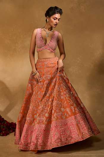 Buy_Chamee & Palak_Pink Silk, Organza, Net Beads, Pearls, Zari, Mahira Embellished Lehenga Set 