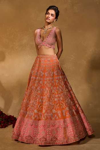 Shop_Chamee & Palak_Pink Silk, Organza, Net Beads, Pearls, Zari, Mahira Embellished Lehenga Set 