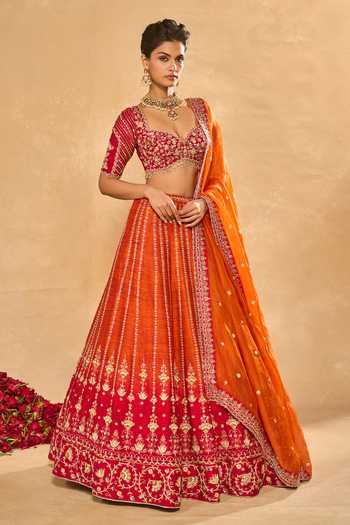 Shop_Chamee & Palak_Red Silk, Organza Embroidery, Sequins, Aariana Embellished Ombre Lehenga Set _Online_at_Aza_Fashions