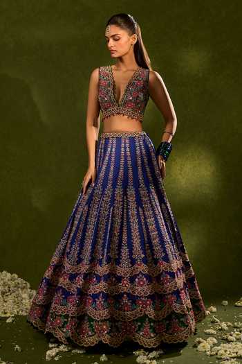 Chamee & Palak_Blue Silk, Organza Embroidery, Sequins, Oorja Resham Embellished Lehenga Set _Online_at_Aza_Fashions