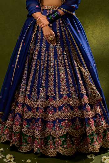 Buy_Chamee & Palak_Blue Silk, Organza Embroidery, Sequins, Oorja Resham Embellished Lehenga Set _Online_at_Aza_Fashions
