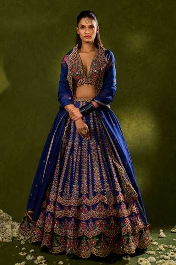 Shop_Chamee & Palak_Blue Silk, Organza Embroidery, Sequins, Oorja Resham Embellished Lehenga Set _Online_at_Aza_Fashions