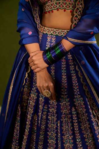 Buy_Chamee & Palak_Blue Silk, Organza Embroidery, Sequins, Oorja Resham Embellished Lehenga Set 