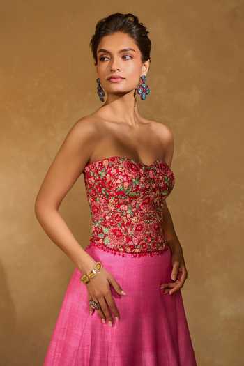 Chamee & Palak_Pink Silk, Net Embroidery, Sequins, Beads, Tanya Floral Ombre Lehenga Set _Online_at_Aza_Fashions