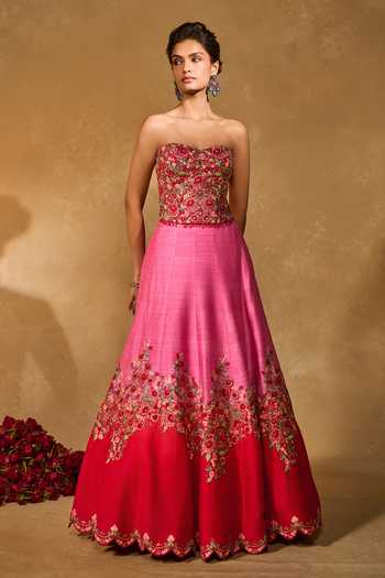 Buy_Chamee & Palak_Pink Silk, Net Embroidery, Sequins, Beads, Tanya Floral Ombre Lehenga Set _Online_at_Aza_Fashions