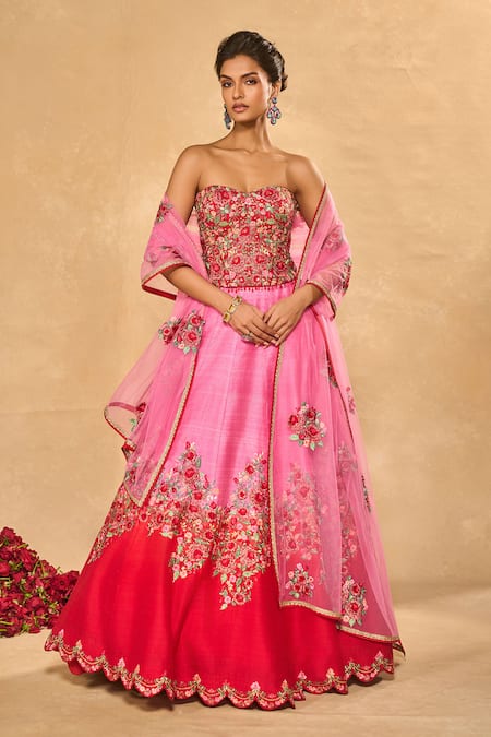 Chamee & Palak Tanya Floral Embroidered Ombre Lehenga Set 
