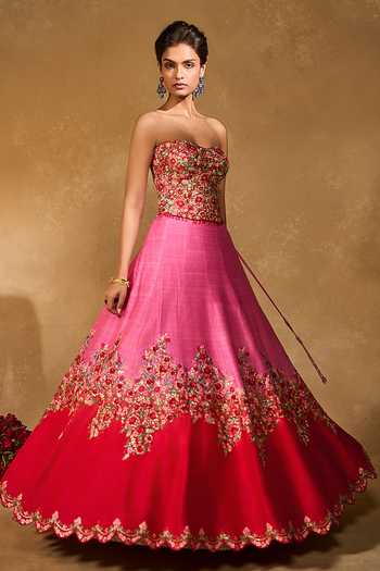 Buy_Chamee & Palak_Pink Silk, Net Embroidery, Sequins, Beads, Tanya Floral Ombre Lehenga Set 