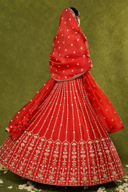 Buy_Chamee & Palak_Red Silk, Organza Embroidery, Beads, Pearls, Zari Anandi Raw Lehenga Set 