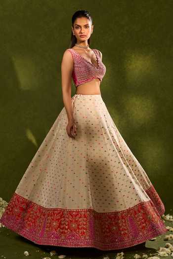 Chamee & Palak_Pink Silk, Organza, Dupion Embroidery, Sequins, Anvi Woven Jamewar Lehenga Set _Online_at_Aza_Fashions