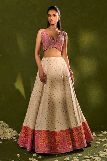 Shop_Chamee & Palak_Pink Silk, Organza, Dupion Embroidery, Sequins, Anvi Woven Jamewar Lehenga Set _Online_at_Aza_Fashions