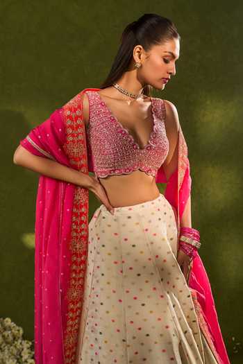 Buy_Chamee & Palak_Pink Silk, Organza, Dupion Embroidery, Sequins, Anvi Woven Jamewar Lehenga Set 