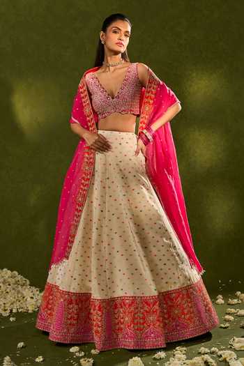 Shop_Chamee & Palak_Pink Silk, Organza, Dupion Embroidery, Sequins, Anvi Woven Jamewar Lehenga Set 