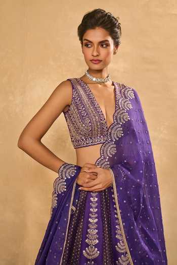 Chamee & Palak_Purple Silk, Organza, Dupion, Tissue Embroidery, Maitri Pita And Lehenga Set _Online_at_Aza_Fashions
