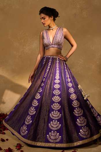 Chamee & Palak_Purple Silk, Organza, Dupion, Tissue Embroidery, Maitri Pita And Lehenga Set _at_Aza_Fashions