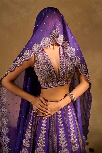 Buy_Chamee & Palak_Purple Silk, Organza, Dupion, Tissue Embroidery, Maitri Pita And Lehenga Set 