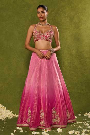 Chamee & Palak_Pink Silk, Net, Tissue Sequins, Beads, Inara Floral Motif And Ombre Lehenga Set _Online_at_Aza_Fashions