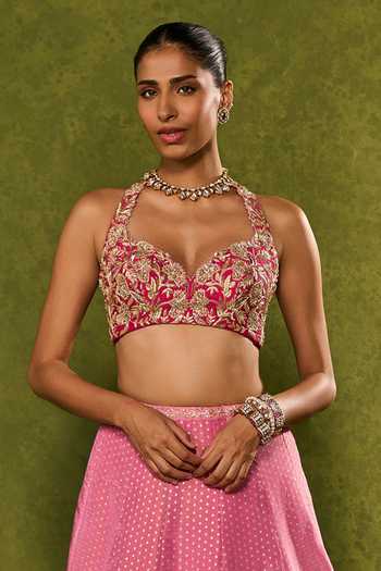 Buy_Chamee & Palak_Pink Silk, Net, Tissue Sequins, Beads, Inara Floral Motif And Ombre Lehenga Set _Online_at_Aza_Fashions