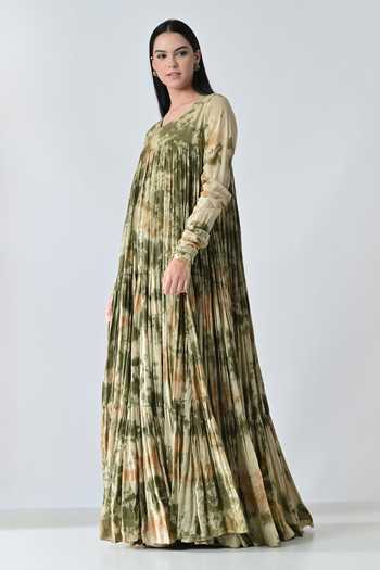 Samant Chauhan_Olive Green Cotton Round Neck Meadow Pleated Print Dress _Online_at_Aza_Fashions